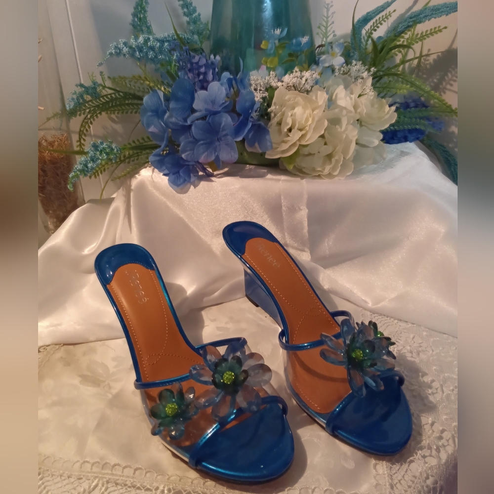Blue and Green Floral Embellished Heels with Rounded Toe